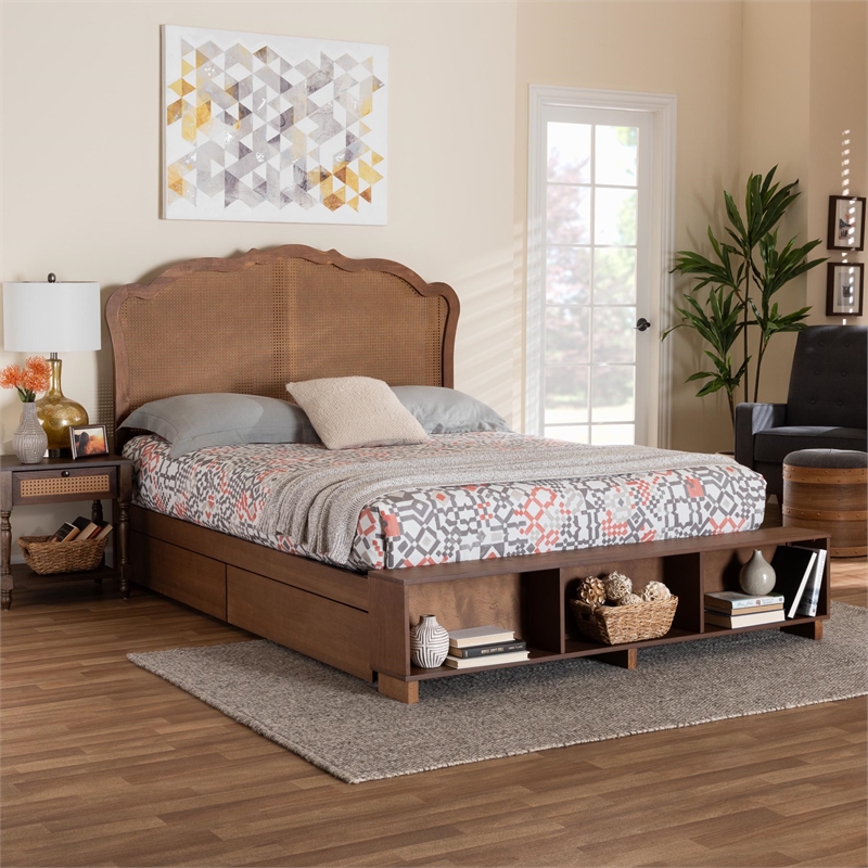 Baxton Studio Latrell Walnut Brown Wood and Rattan Queen Size Storage Bed