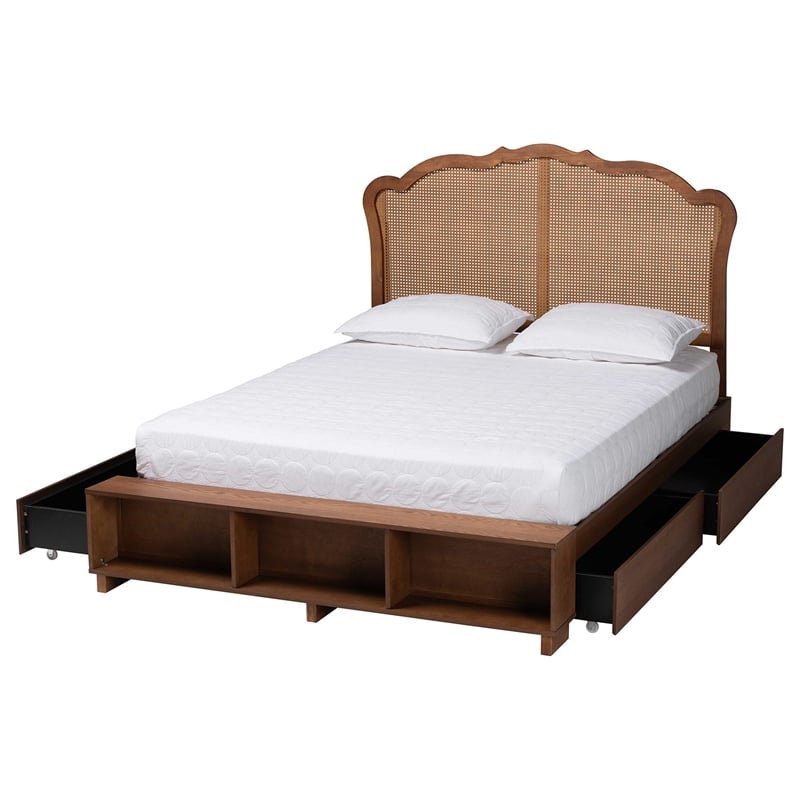 Baxton Studio Latrell Walnut Brown Wood and Rattan King Size Storage Bed