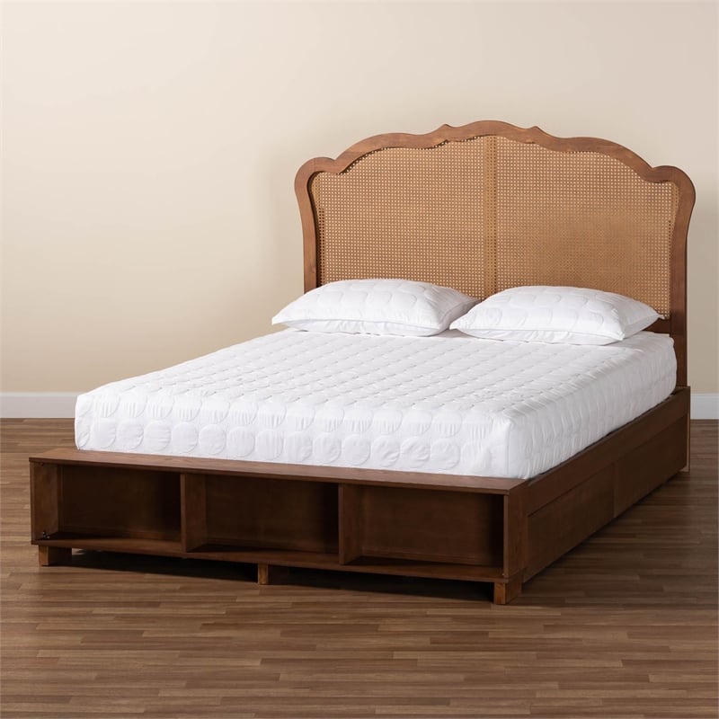 Baxton Studio Latrell Walnut Brown Wood and Rattan King Size Storage Bed