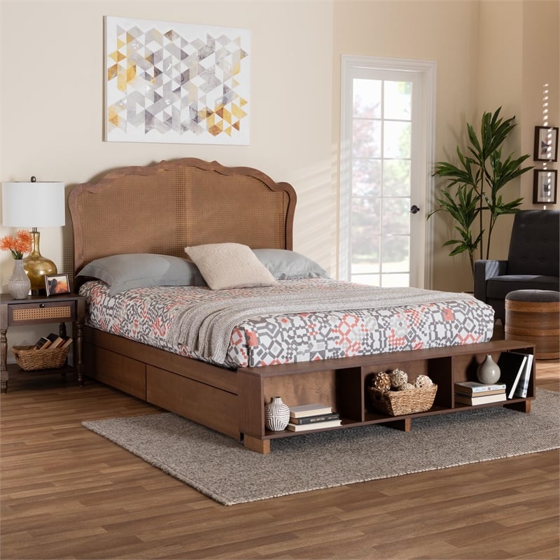 Baxton Studio Latrell Walnut Brown Wood and Rattan King Size Storage Bed