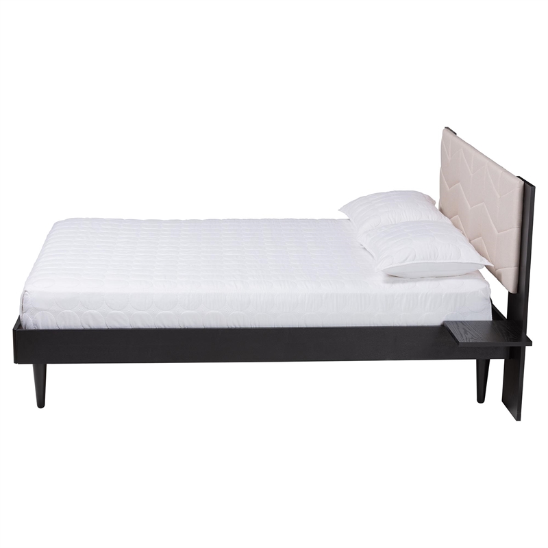 Baxton Studio Adriano Beige Fabric and Black Wood Queen Size Bed with Tables