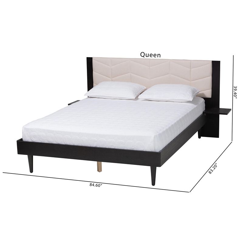 Baxton Studio Adriano Beige Fabric and Black Wood Queen Size Bed with Tables