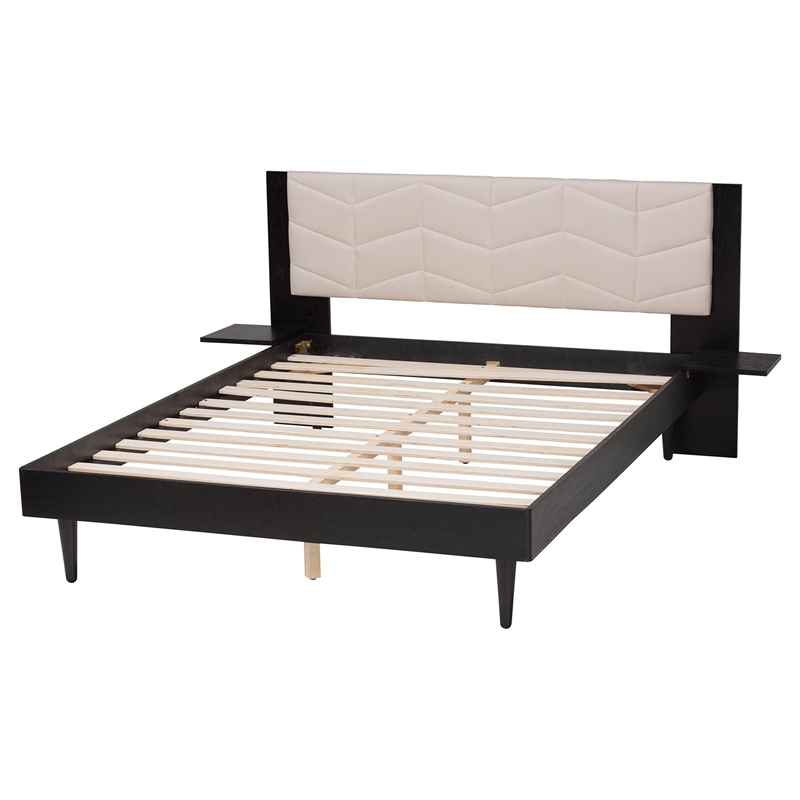 Baxton Studio Adriano Beige Fabric and Black Wood Queen Size Bed with Tables