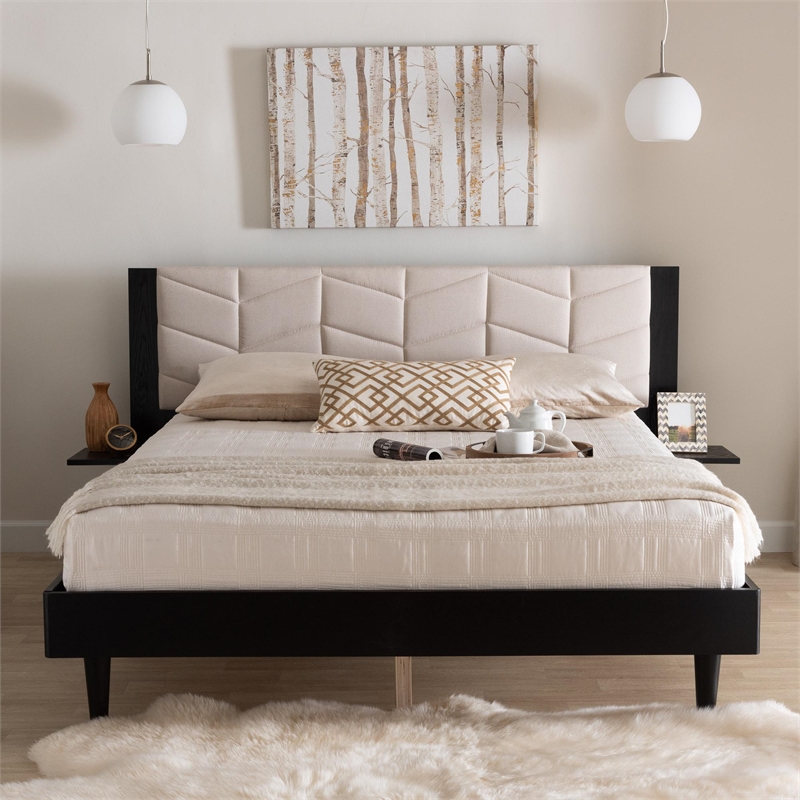 Baxton Studio Adriano Beige Fabric and Black Wood Queen Size Bed with Tables