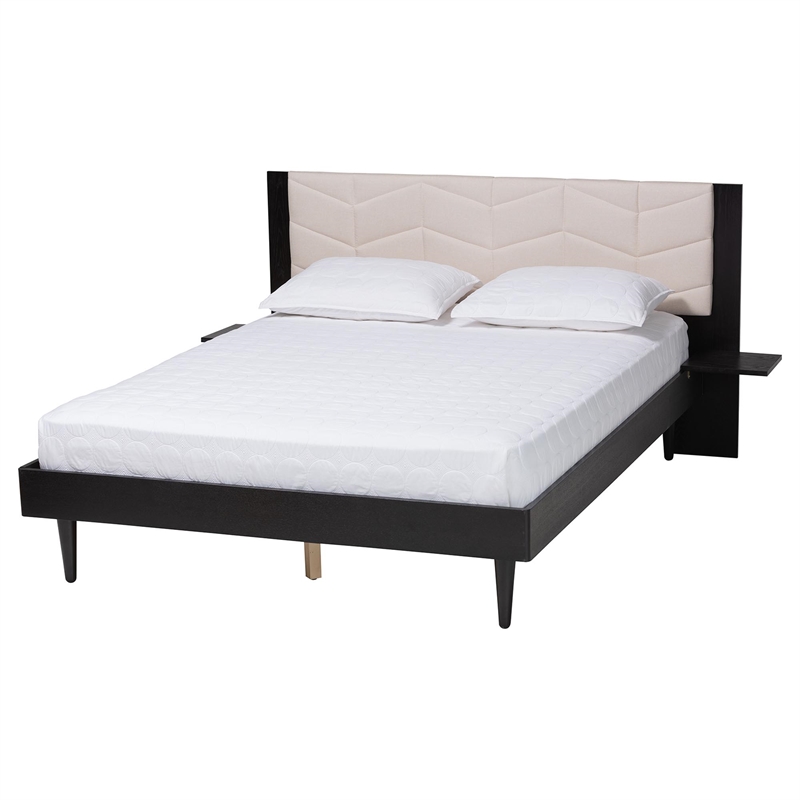Baxton Studio Adriano Beige Fabric and Black Wood Queen Size Bed with Tables
