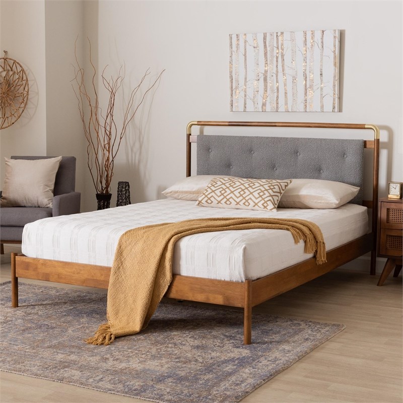 Baxton Studio Edwina Light Gray Fabric and Brown Wood Queen Size Platform Bed