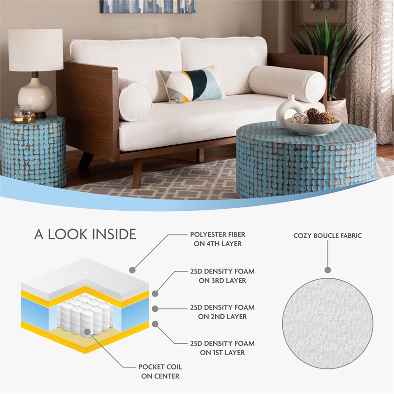 Baxton Studio Uriel Mid-Century Modern Cream Boucle Fabric Sofa