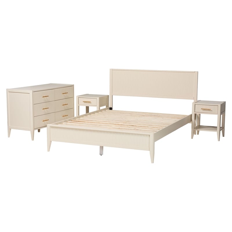 Baxton Studio Primrose Ivory Fluted Wood Queen Size 4-Piece Bedroom Set