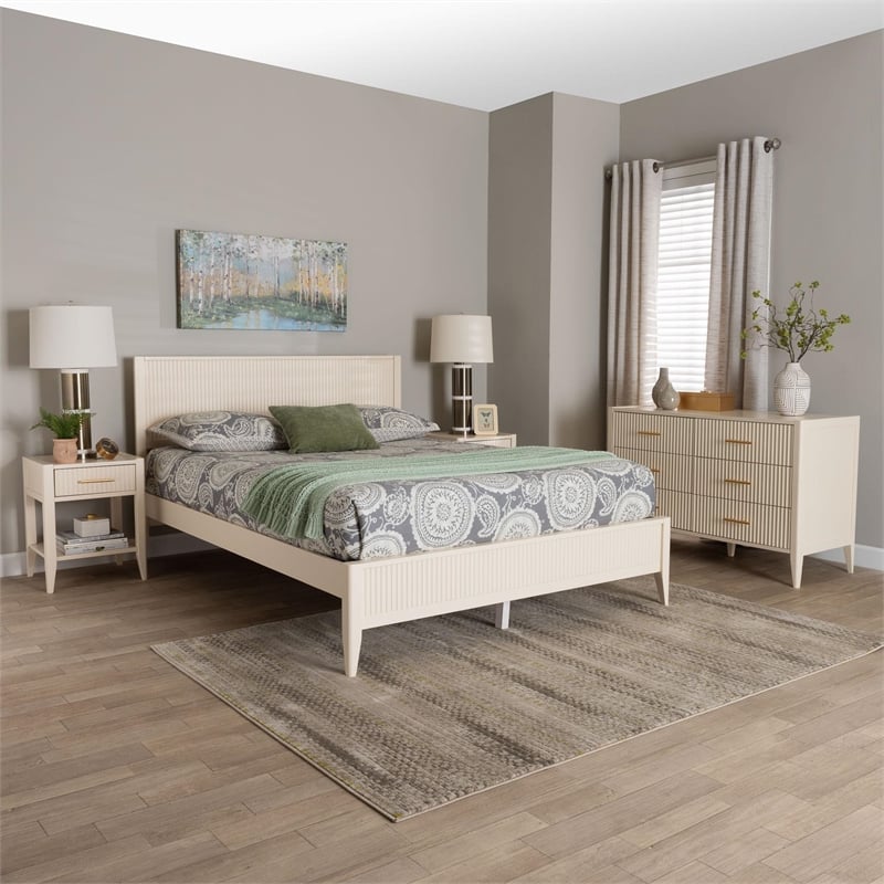 Baxton Studio Primrose Ivory Fluted Wood Queen Size 4-Piece Bedroom Set