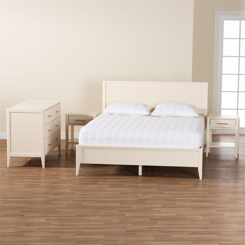 Baxton Studio Primrose Ivory Fluted Wood Queen Size 4-Piece Bedroom Set