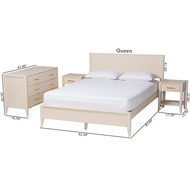 Baxton Studio Primrose Ivory Fluted Wood Queen Size 4-Piece Bedroom Set