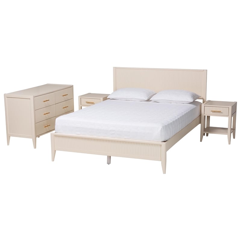 Baxton Studio Primrose Ivory Fluted Wood Queen Size 4-Piece Bedroom Set
