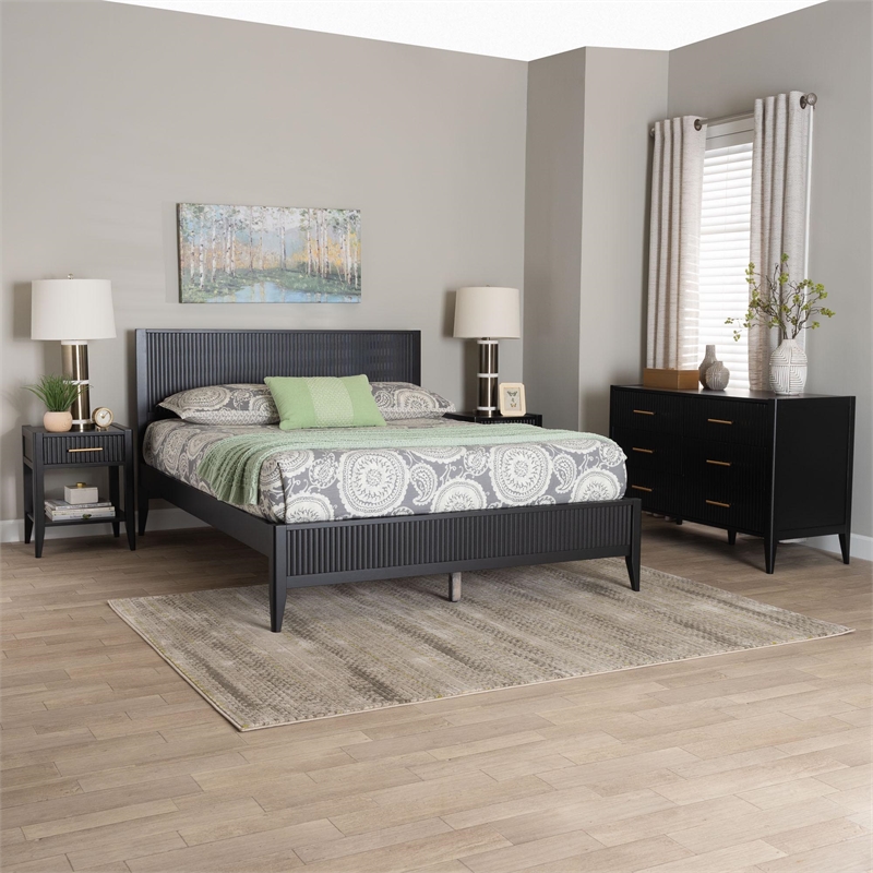 Baxton Studio Primrose Black Fluted Wood King Size 4-Piece Bedroom Set