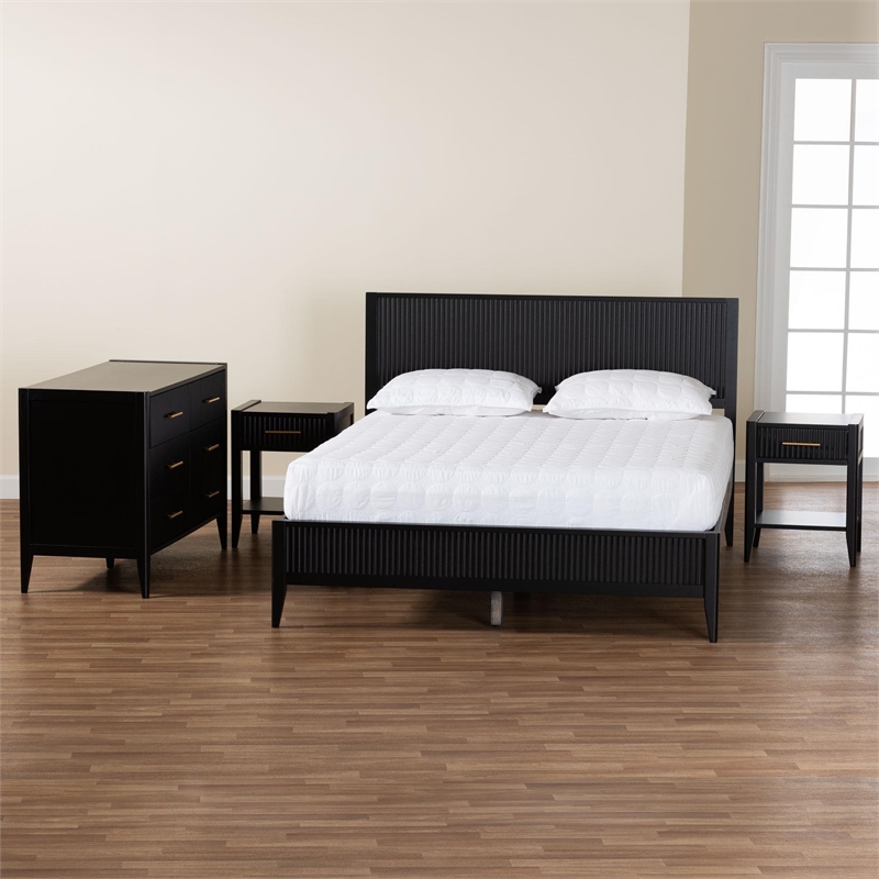 Baxton Studio Primrose Black Fluted Wood King Size 4-Piece Bedroom Set
