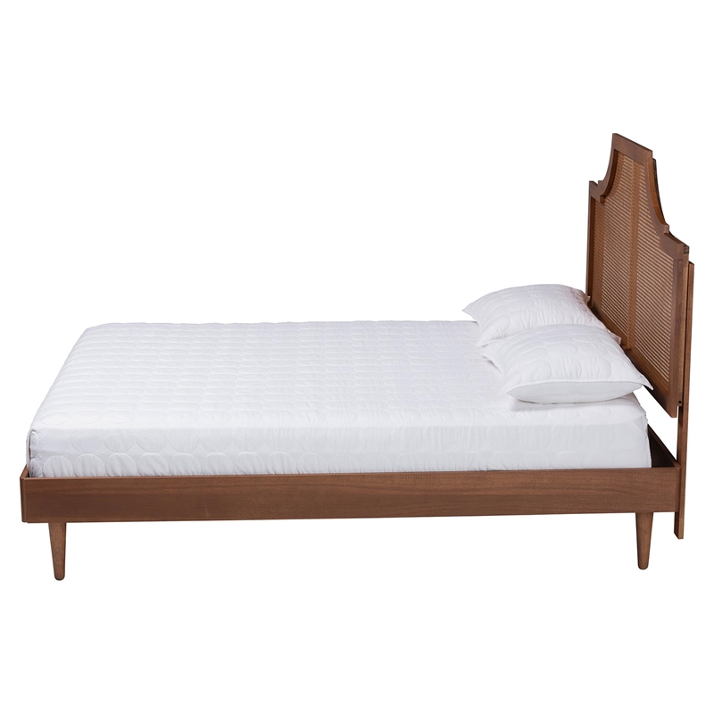 Baxton Studio Macaria Mid-Century Modern Ash Walnut Woven Rattan Queen Size Bed