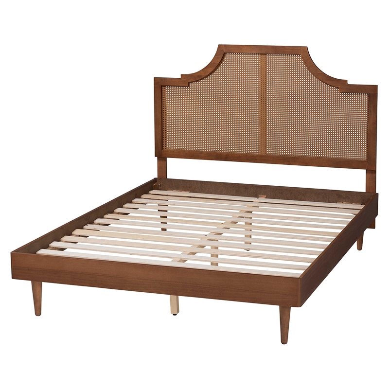 Baxton Studio Macaria Mid-Century Modern Ash Walnut Woven Rattan Queen Size Bed