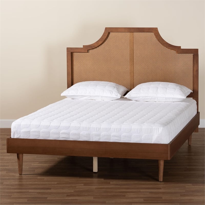 Baxton Studio Macaria Mid-Century Modern Ash Walnut Woven Rattan Queen Size Bed