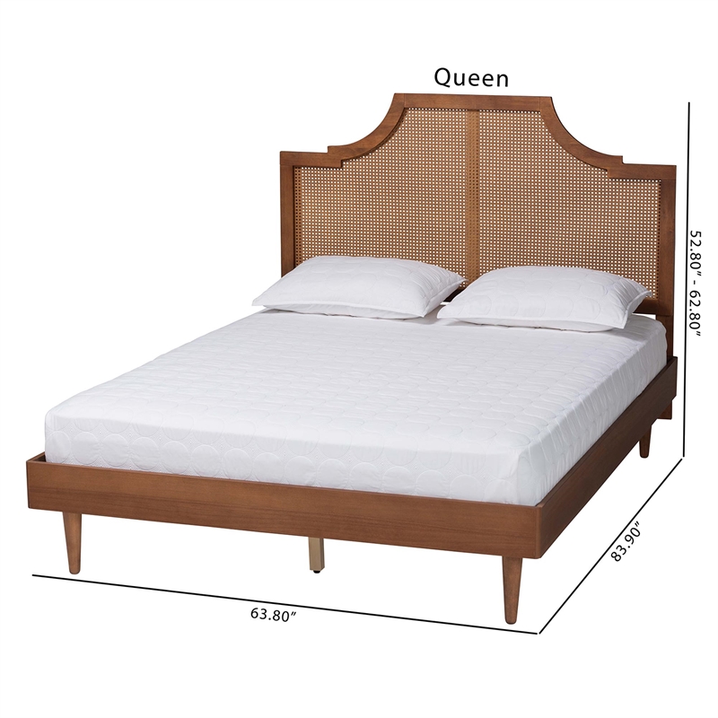 Baxton Studio Macaria Mid-Century Modern Ash Walnut Woven Rattan Queen Size Bed