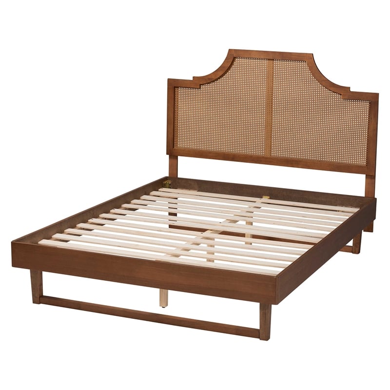 Baxton Studio Francine Modern Ash Walnut Woven Rattan Queen Size Bed