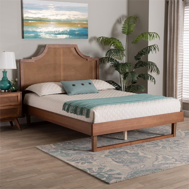 Baxton Studio Francine Modern Ash Walnut Woven Rattan Queen Size Bed