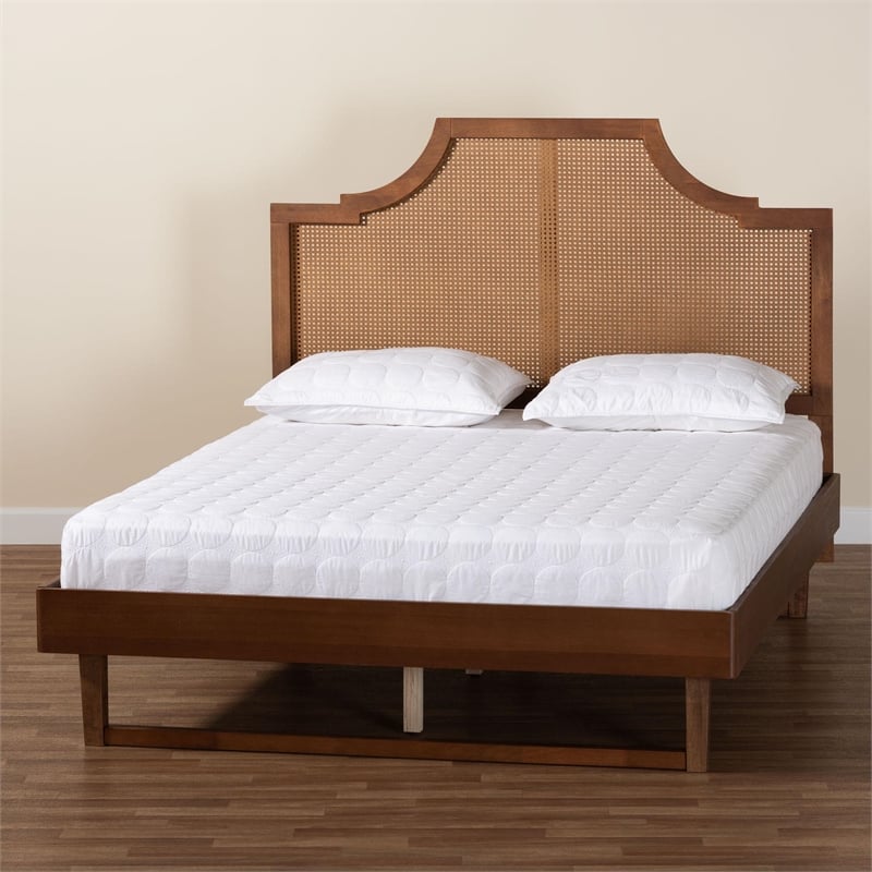 Baxton Studio Francine Modern Ash Walnut Woven Rattan Queen Size Bed