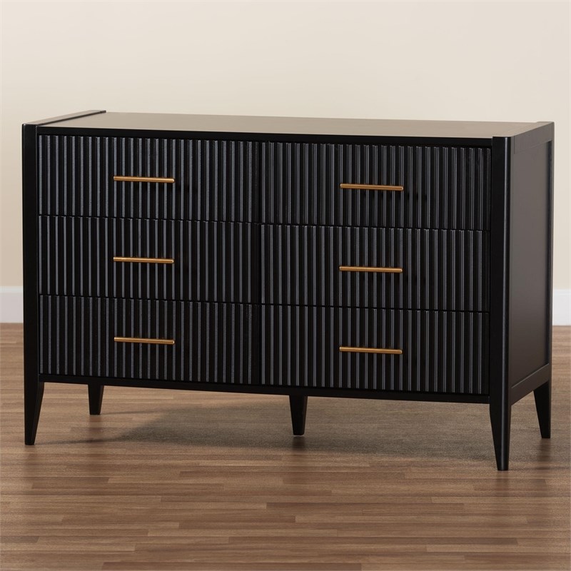 Baxton Studio Primrose Mid-Century Black Fluted Wood 6-Drawer Dresser