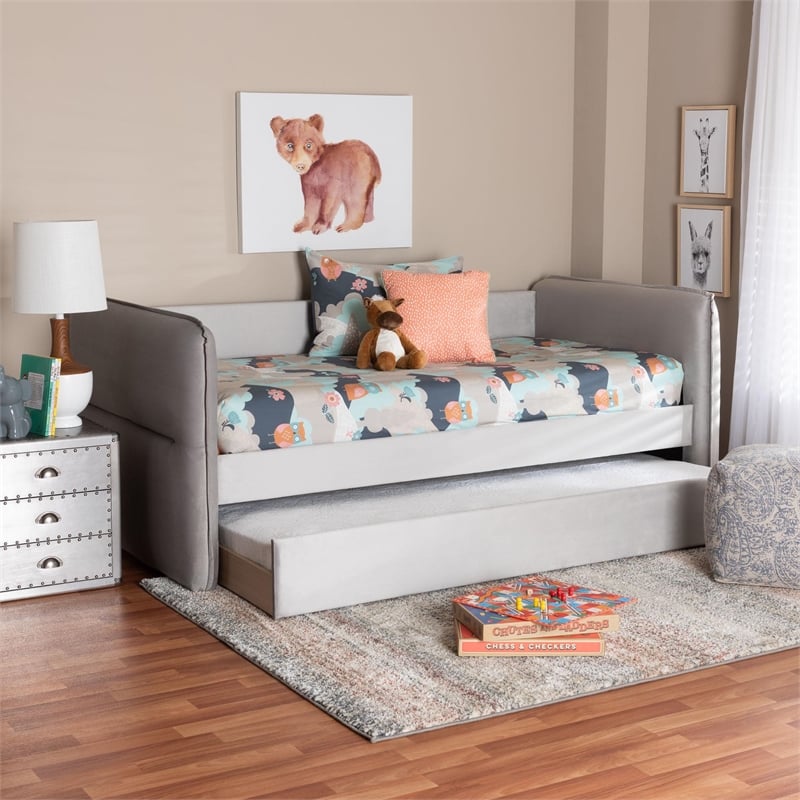 Baxton Studio Finch Light Gray Velvet Fabric Twin Size Daybed with Trundle