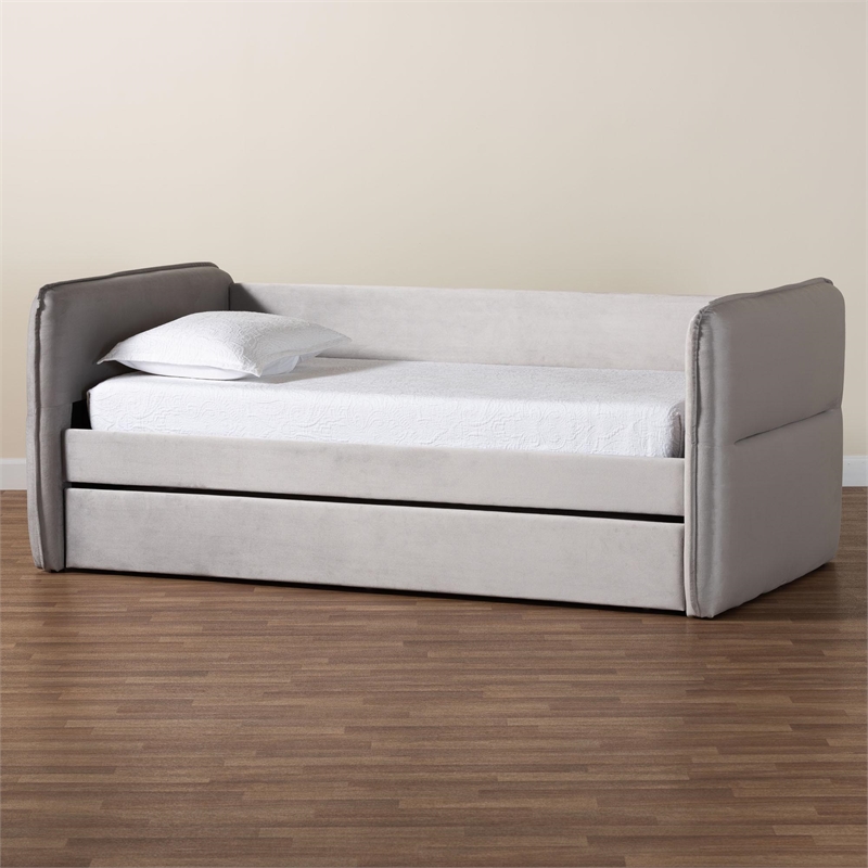 Baxton Studio Finch Light Gray Velvet Fabric Twin Size Daybed with Trundle