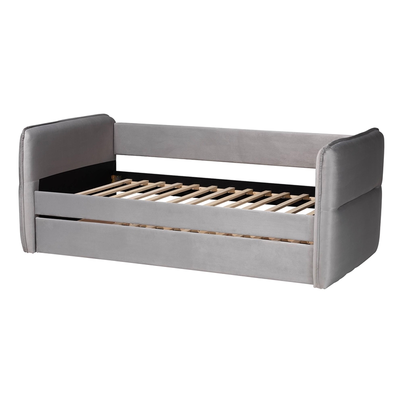 Baxton Studio Finch Light Gray Velvet Fabric Twin Size Daybed with Trundle