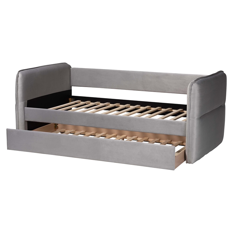 Baxton Studio Finch Light Gray Velvet Fabric Twin Size Daybed with Trundle