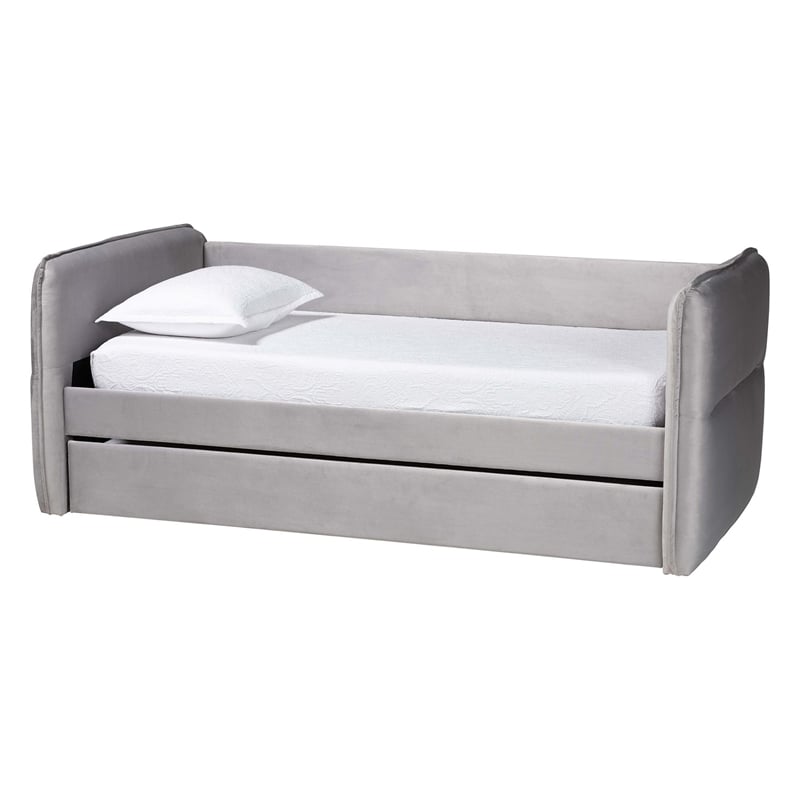 Baxton Studio Finch Light Gray Velvet Fabric Full Size Daybed with Trundle