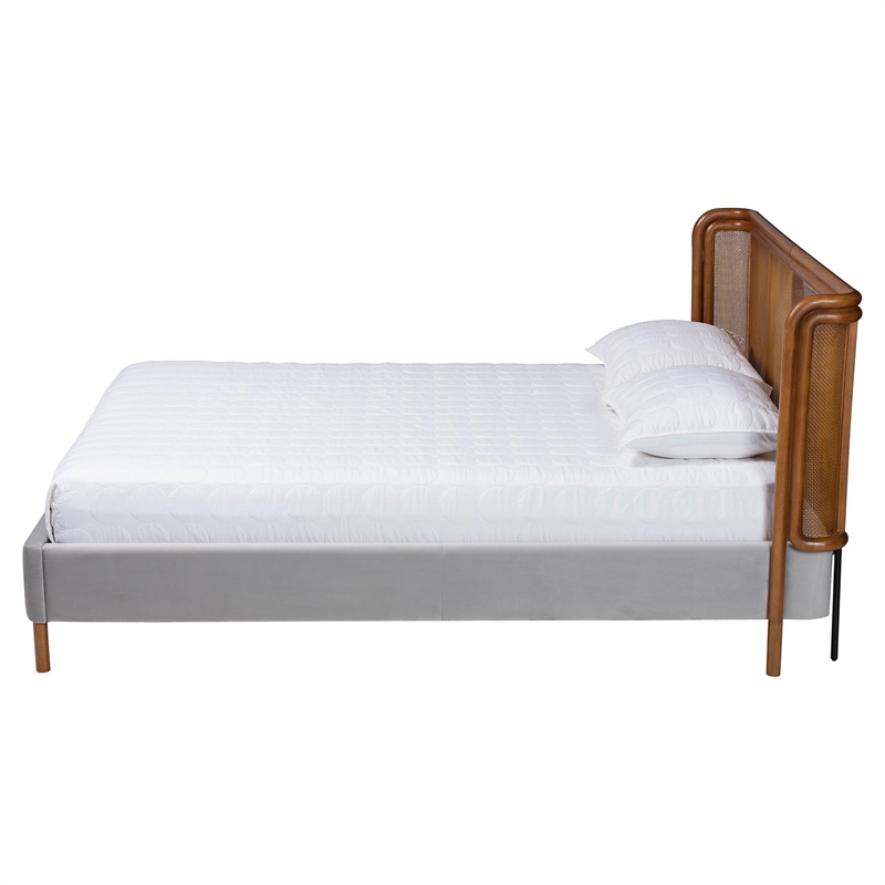 Baxton Studio Harrell Gray Velvet and Woven Rattan Wood Queen Size Bed