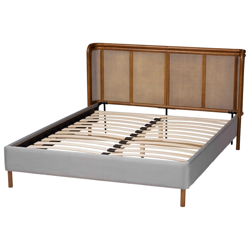 Baxton Studio Harrell Gray Velvet and Woven Rattan Wood Queen Size Bed