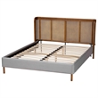 Baxton Studio Harrell Gray Velvet and Woven Rattan Wood Queen Size Bed