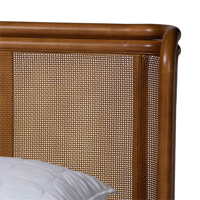 Baxton Studio Harrell Gray Velvet and Woven Rattan Wood Queen Size Bed