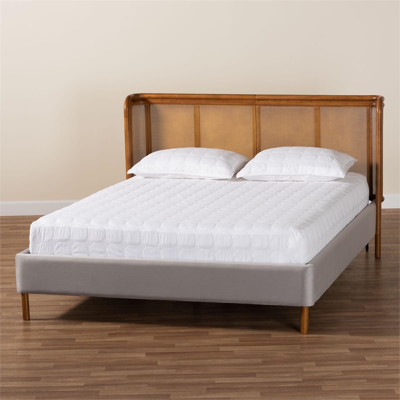 Baxton Studio Harrell Gray Velvet and Woven Rattan Wood Queen Size Bed