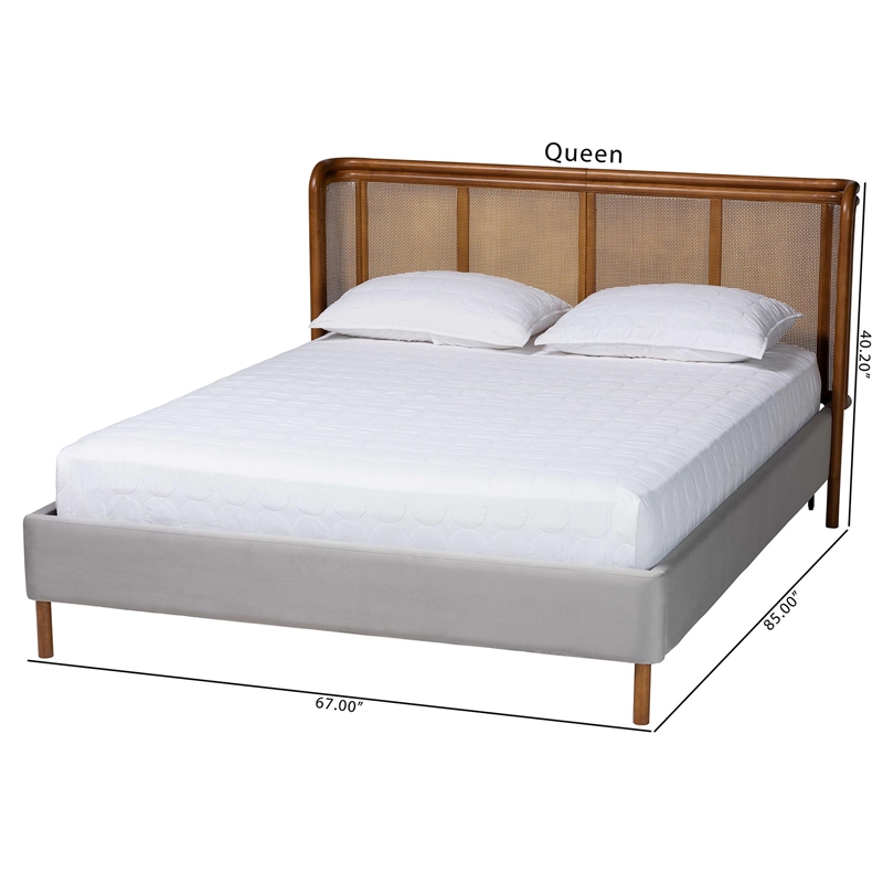 Baxton Studio Harrell Gray Velvet and Woven Rattan Wood Queen Size Bed