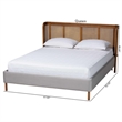 Baxton Studio Harrell Gray Velvet and Woven Rattan Wood Queen Size Bed