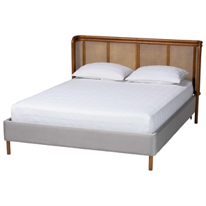 Baxton Studio Harrell Gray Velvet and Woven Rattan Wood Queen Size Bed