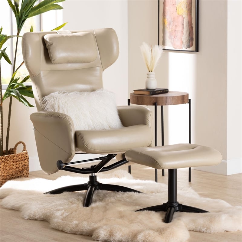 Baxton Studio Elwood Beige Faux Leather 2-Piece Lounge Chair and Footrest Set