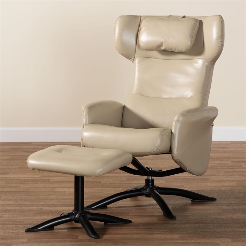 Baxton Studio Elwood Beige Faux Leather 2-Piece Lounge Chair and Footrest Set