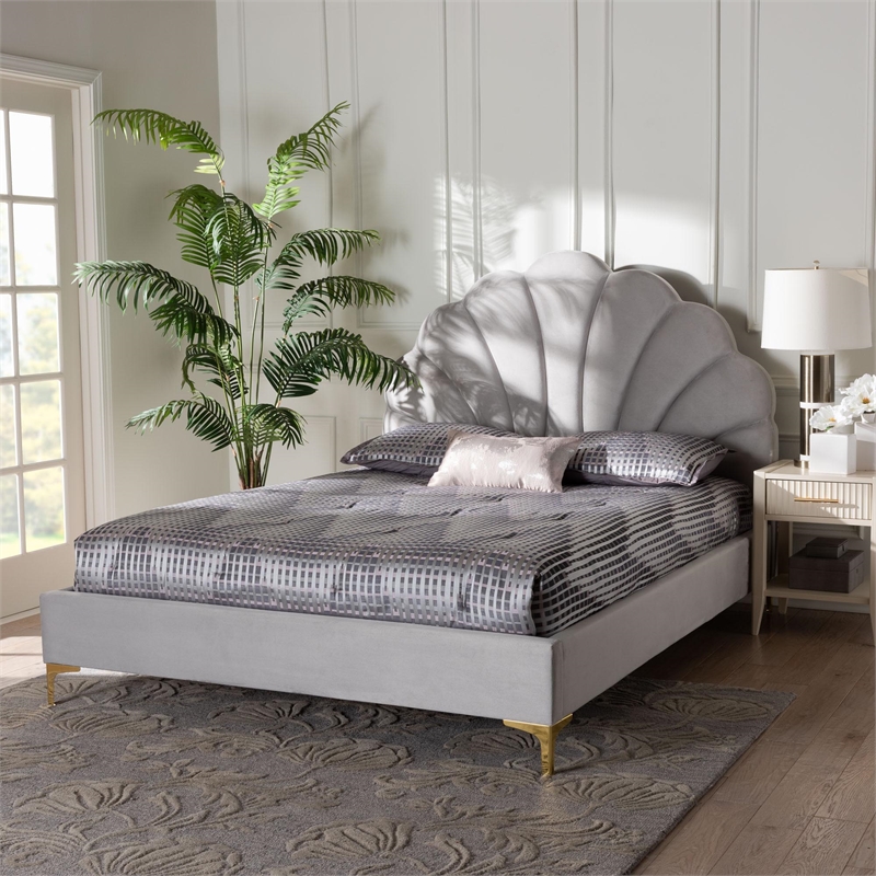 Baxton Studio Acosta Light Gray Velvet Headboard Queen Size Platform Bed