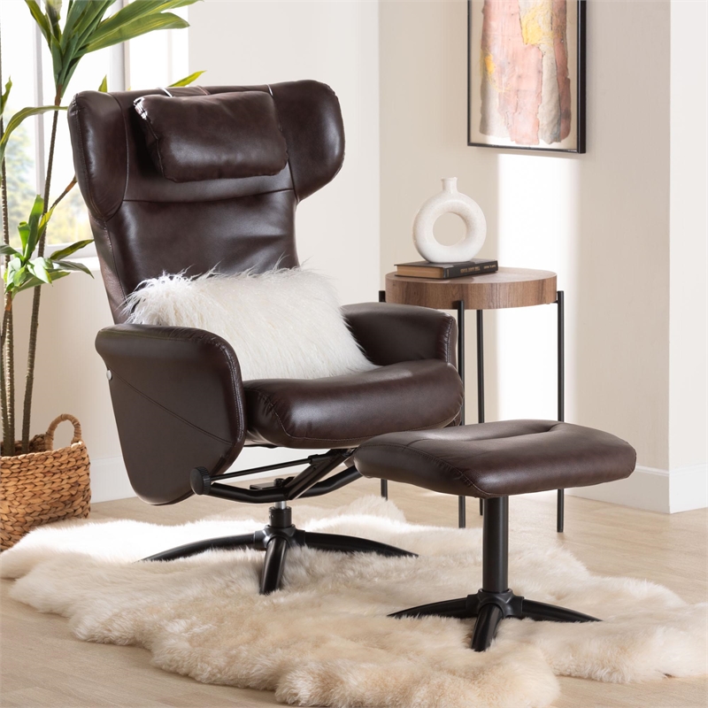 Baxton Studio Elwood Brown Faux Leather 2-Piece Lounge Chair and Footrest Set