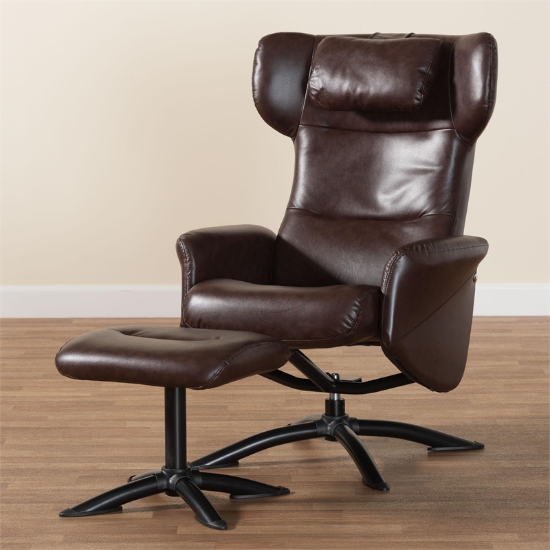 Baxton Studio Elwood Brown Faux Leather 2-Piece Lounge Chair and Footrest Set