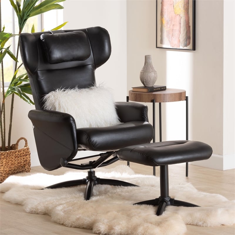 Baxton Studio Elwood Black Faux Leather 2-Piece Lounge Chair and Footrest Set