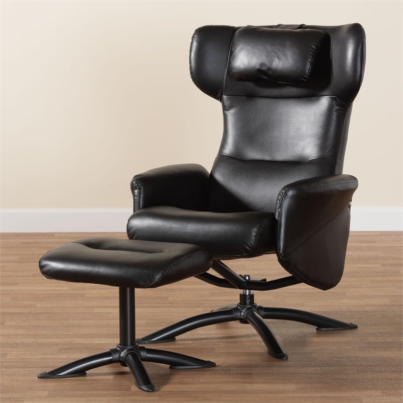 Baxton Studio Elwood Black Faux Leather 2-Piece Lounge Chair and Footrest Set