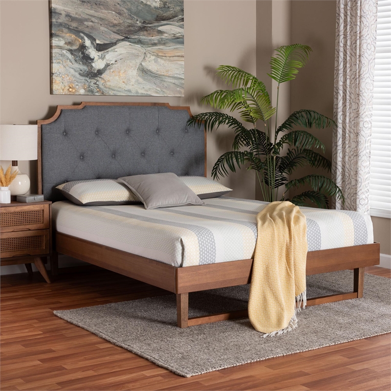Baxton Studio Orlando Grey Fabric and Walnut Brown Wood Queen Size Platform Bed
