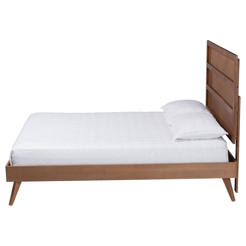 Baxton Studio Fuller Brown Wood Queen Size Platform Bed with Woven Rattan