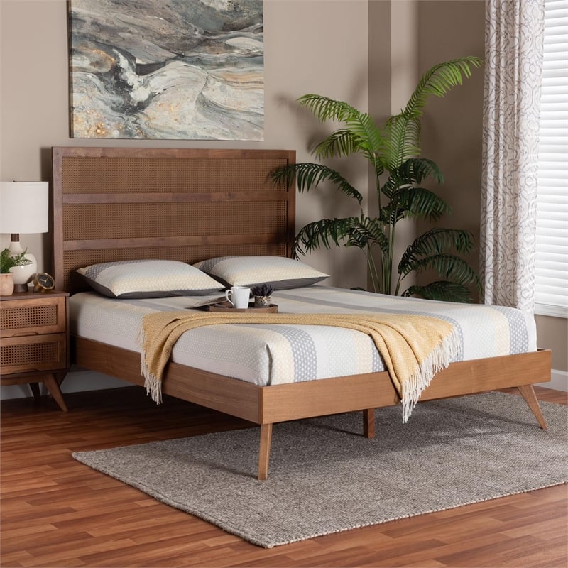 Baxton Studio Fuller Brown Wood Queen Size Platform Bed with Woven Rattan