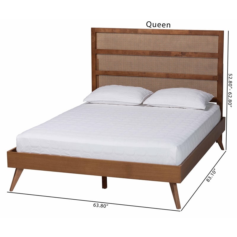 Baxton Studio Fuller Brown Wood Queen Size Platform Bed with Woven Rattan